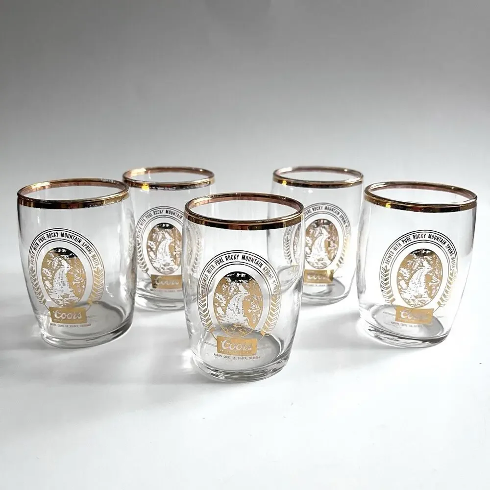 Set of 5 Coors Gold Rim Sampler Glasses Libbey Rocky Mountain Bar Brewery VTG